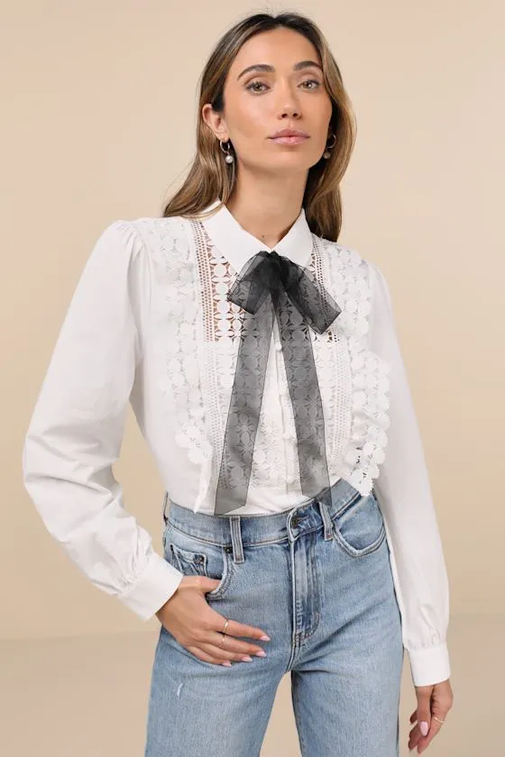 Outstanding Charisma White Crochet Lace Tie-Neck Button-Up Top sold by Lulus
