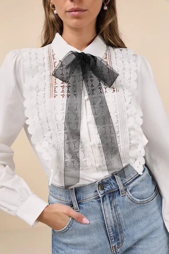 Outstanding Charisma White Crochet Lace Tie-Neck Button-Up Top sold by Lulus product image thumbnail 4