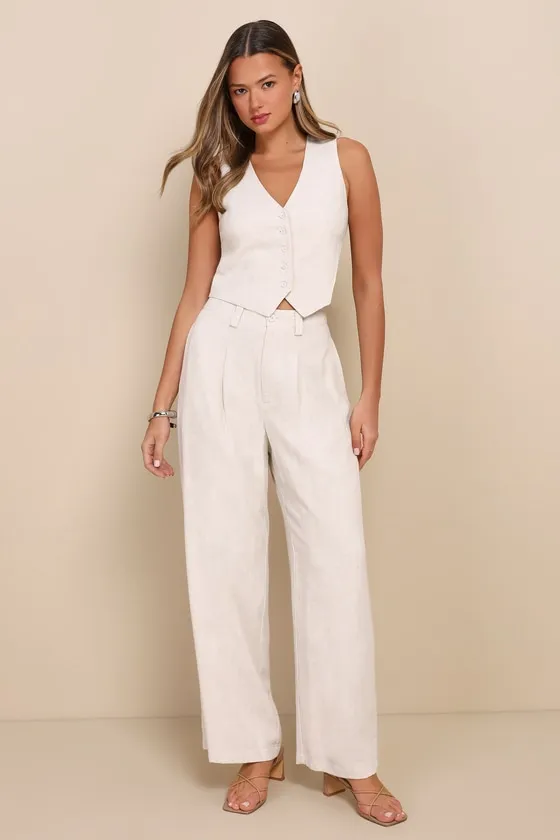 Suits You Perfectly Beige Linen Wide-Leg Pants sold by Lulus