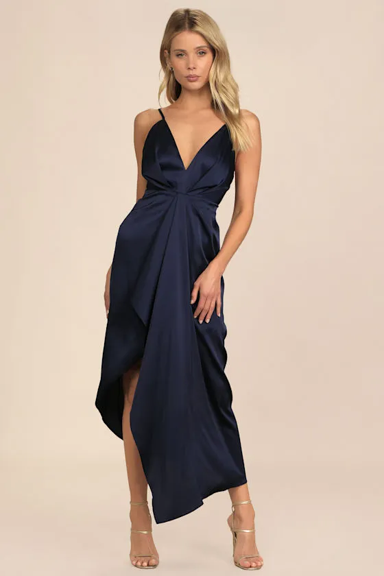 Caught Feelings Navy Blue Satin Ruffled Midi Dress sold by Lulus