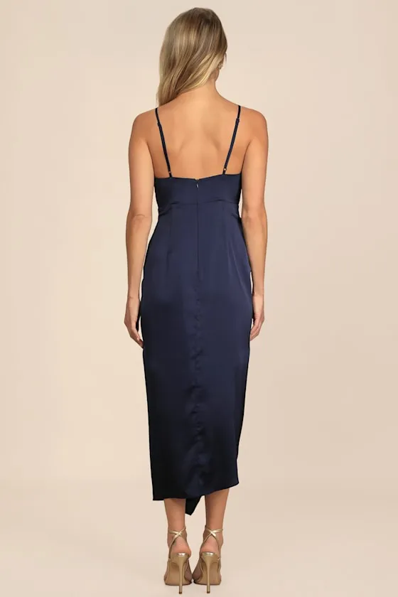 Caught Feelings Navy Blue Satin Ruffled Midi Dress sold by Lulus product image thumbnail 3
