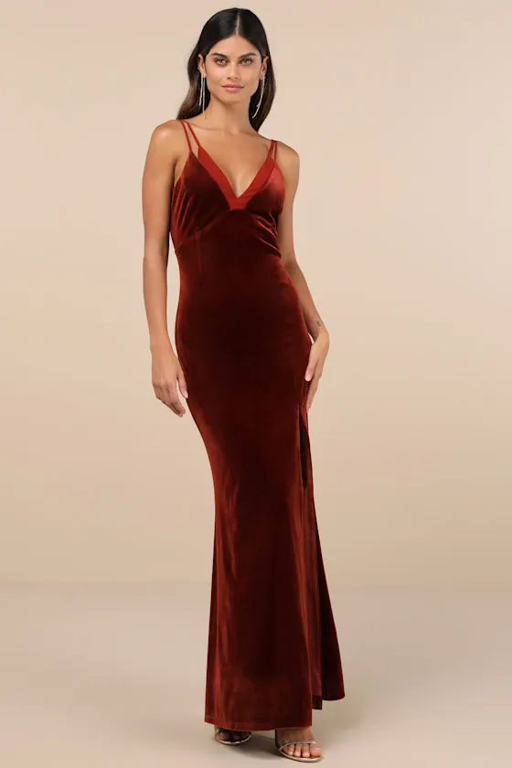 Immensely Glam Rust Velvet Backless Maxi Dress sold by Lulus