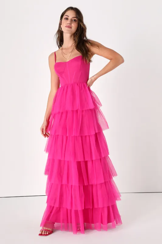 Rule the Runway Hot Pink Tulle Bustier Tiered Maxi Dress sold by Lulus