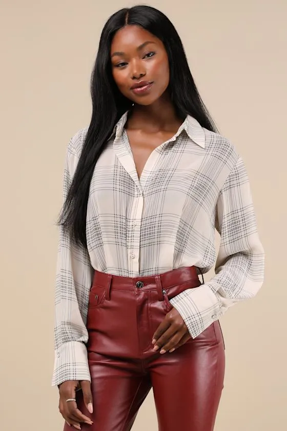 Curated 'Fit Ivory Plaid Collared Long Sleeve Button-Up Bodysuit sold by Lulus