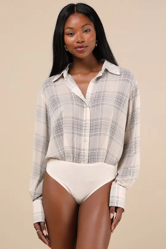 Curated 'Fit Ivory Plaid Collared Long Sleeve Button-Up Bodysuit sold by Lulus product image thumbnail 4