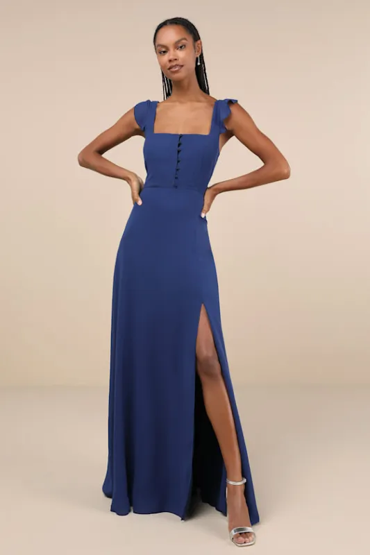 Delightful Loveliness Dark Blue Ruffled Tie-Back Maxi Dress sold by Lulus