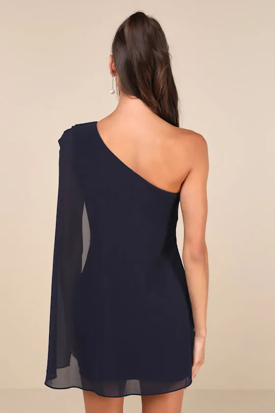 Majestic Energy Navy Cape Sleeve One-Shoulder Mini Dress sold by Lulus product image thumbnail 3