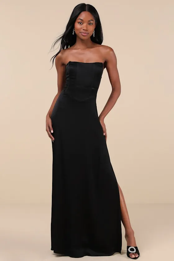 Extraordinary Presence Black Satin Strapless Maxi Dress sold by Lulus