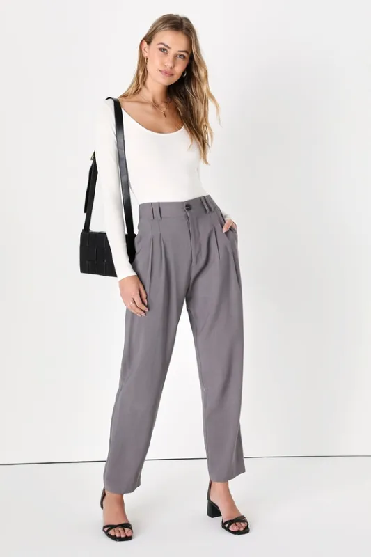 Strictly Business Grey High-Waisted Trouser Pants sold by Lulus