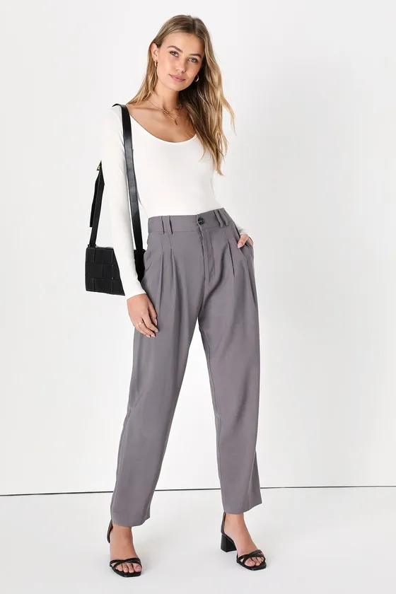 Strictly Business Grey High-Waisted Trouser Pants sold by Lulus