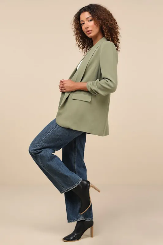 Superior Aesthetic Olive Three-Quarter Sleeve Ruched Blazer sold by Lulus