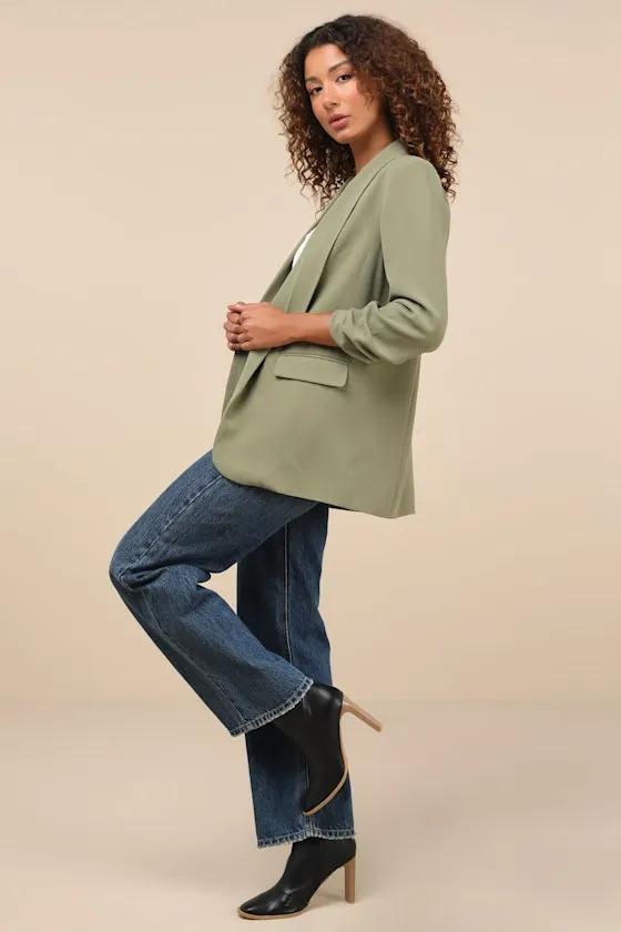 Superior Aesthetic Olive Three-Quarter Sleeve Ruched Blazer sold by Lulus