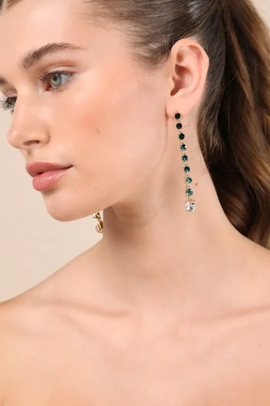 Sparkling Instinct Gold and Green Rhinestone Drop Earrings sold by Lulus
