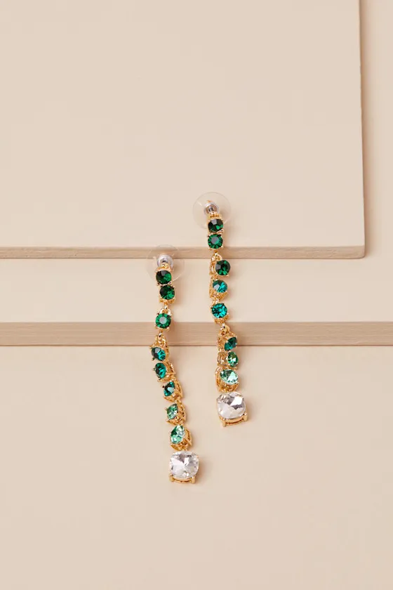 Sparkling Instinct Gold and Green Rhinestone Drop Earrings sold by Lulus product image thumbnail 2