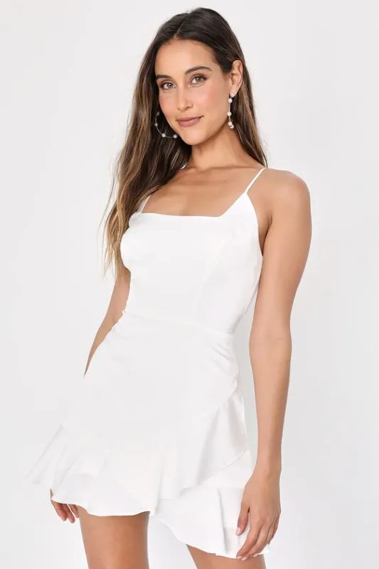 Romantic Angel White Satin Square Neck Ruffled Mini Dress sold by Lulus