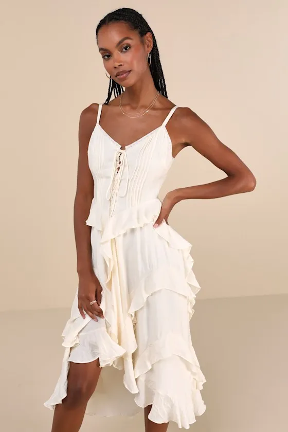 Playful Style Beige Lace-Up Ruffled High-Low Midi Dress sold by Lulus
