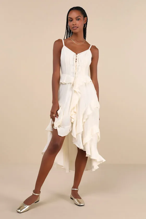 Playful Style Beige Lace-Up Ruffled High-Low Midi Dress sold by Lulus product image thumbnail 2