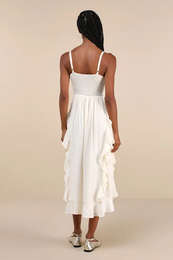 Playful Style Beige Lace-Up Ruffled High-Low Midi Dress sold by Lulus product image thumbnail 3