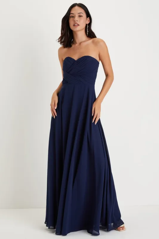Romantic Presence Navy Blue Pleated Strapless Maxi Dress sold by Lulus