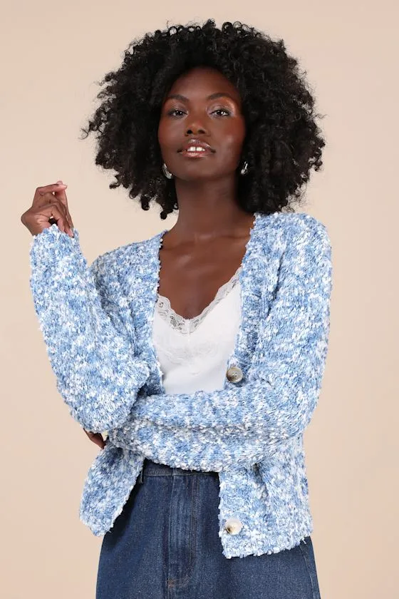 Curated Coziness Blue and White Boucle V-Neck Cardigan sold by Lulus