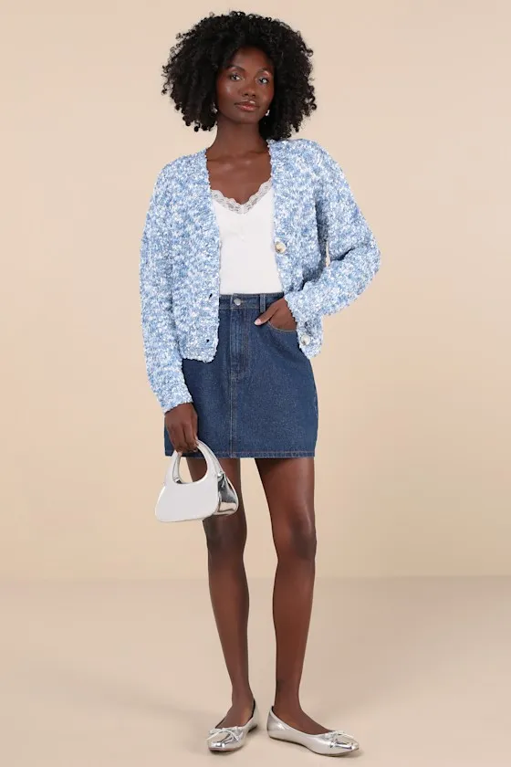 Curated Coziness Blue and White Boucle V-Neck Cardigan sold by Lulus product image thumbnail 3