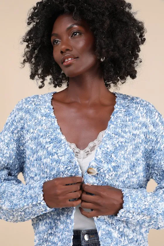 Curated Coziness Blue and White Boucle V-Neck Cardigan sold by Lulus product image thumbnail 4