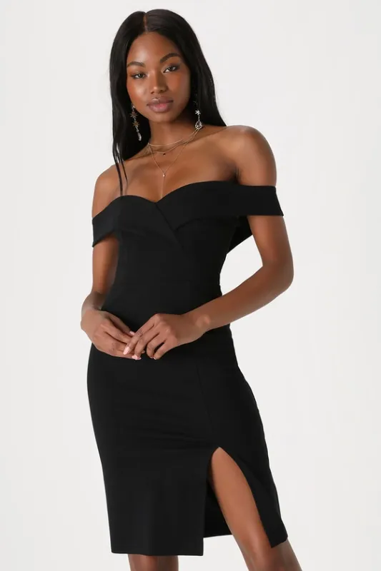 Classic Glam Black Off-the-Shoulder Bodycon Dress sold by Lulus