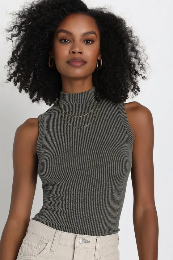 Everyday Appeal Olive Green Ribbed Mock Neck Tank Top sold by Lulus product image thumbnail 4