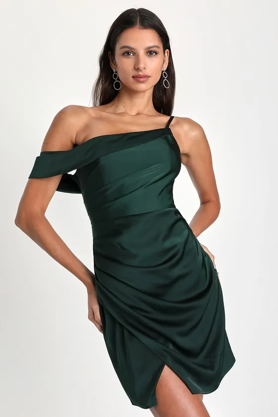 Magnificent Magic Emerald Green Satin Asymmetrical Mini Dress sold by Lulus