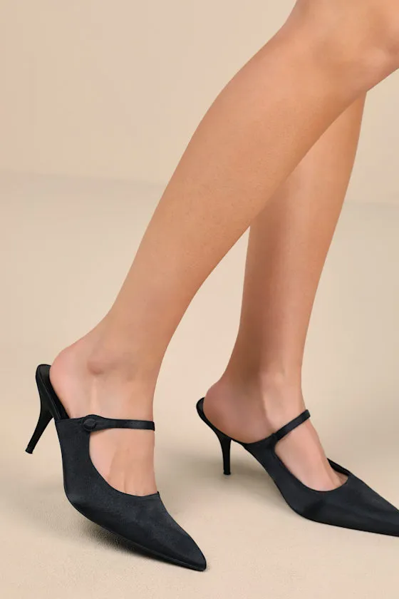 Bristel Black Satin Mule Pumps sold by Lulus