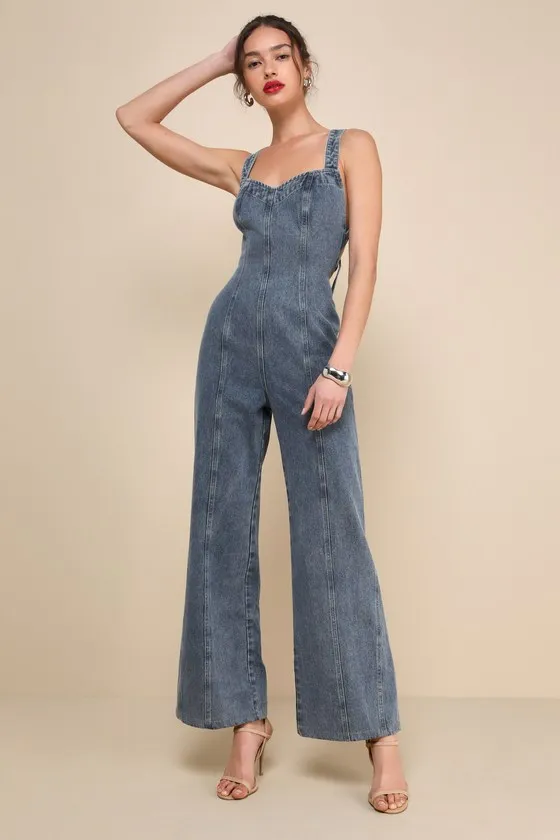 Trendsetting Personality Medium Wash Denim Backless Jumpsuit sold by Lulus