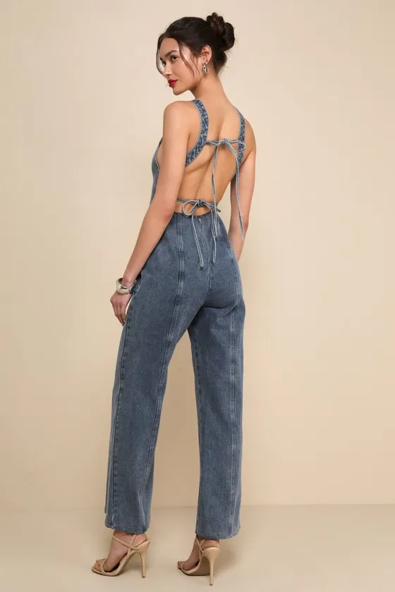 Trendsetting Personality Medium Wash Denim Backless Jumpsuit sold by Lulus product image thumbnail 2