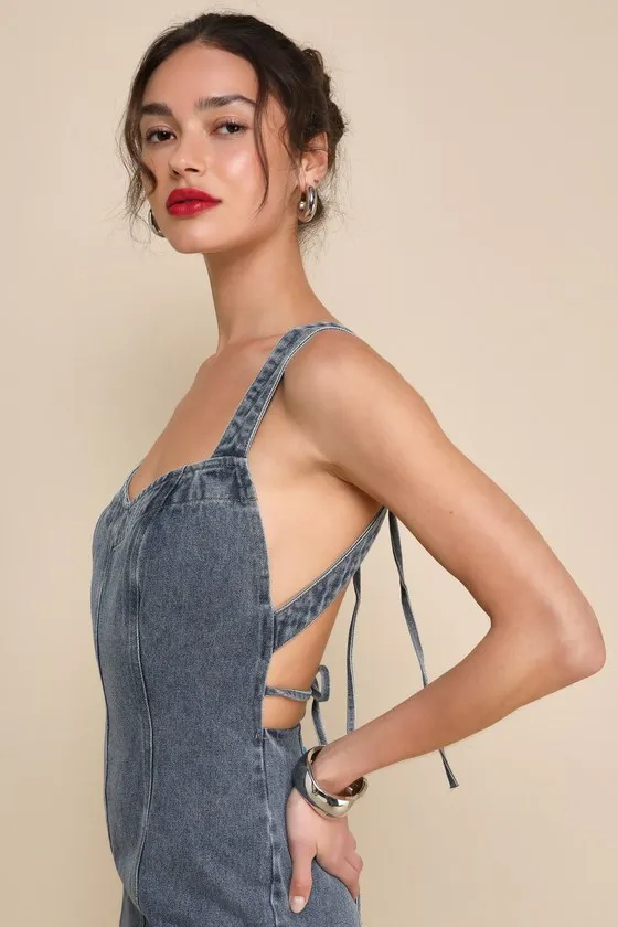 Trendsetting Personality Medium Wash Denim Backless Jumpsuit sold by Lulus product image thumbnail 3