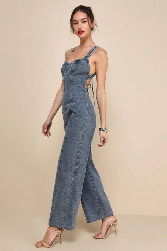 Trendsetting Personality Medium Wash Denim Backless Jumpsuit sold by Lulus product image thumbnail 4