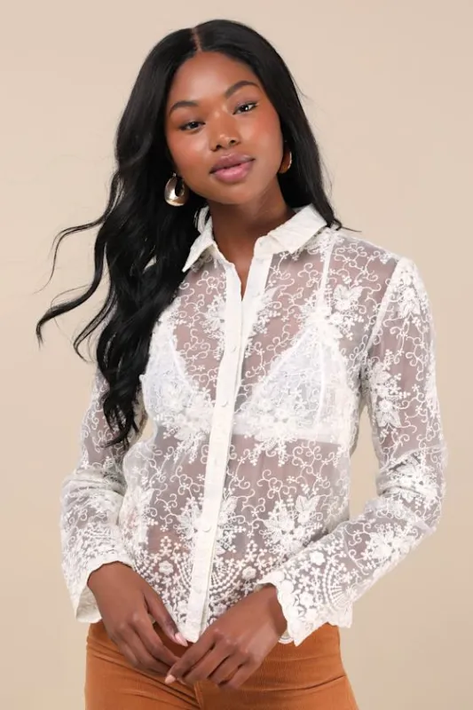 Exquisite Nature Cream Sheer Embroidered Button-Up Top sold by Lulus