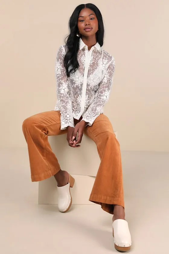 Exquisite Nature Cream Sheer Embroidered Button-Up Top sold by Lulus product image thumbnail 4