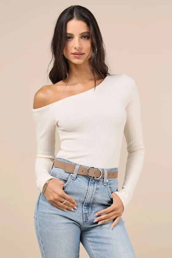 Popular Babe Ivory Ribbed Knit Asymmetrical Long Sleeve Top sold by Lulus