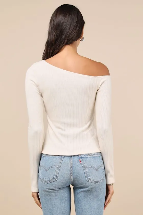 Popular Babe Ivory Ribbed Knit Asymmetrical Long Sleeve Top sold by Lulus product image thumbnail 3