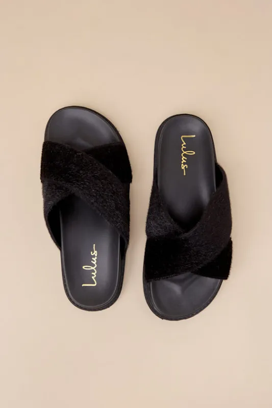 Mirah Black Faux Fur Flatform Slide Sandals sold by Lulus
