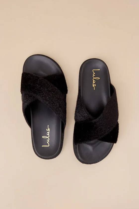 Mirah Black Faux Fur Flatform Slide Sandals sold by Lulus