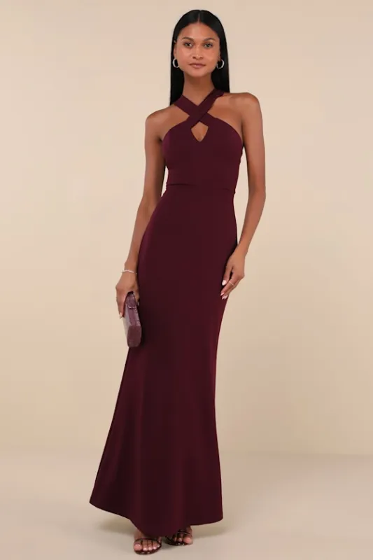 Keep You Enchanted Dark Purple Cutout Halter Mermaid Maxi Dress sold by Lulus