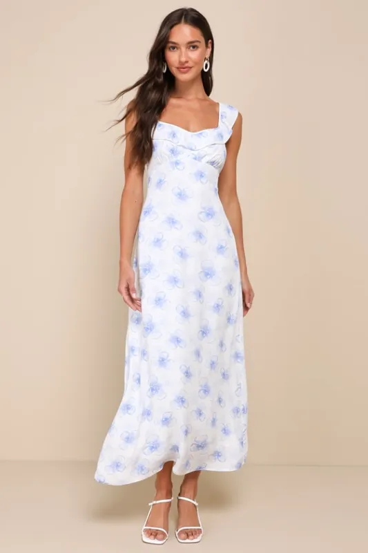 Exceptionally Lovely White and Blue Floral Ruffled Midi Dress sold by Lulus