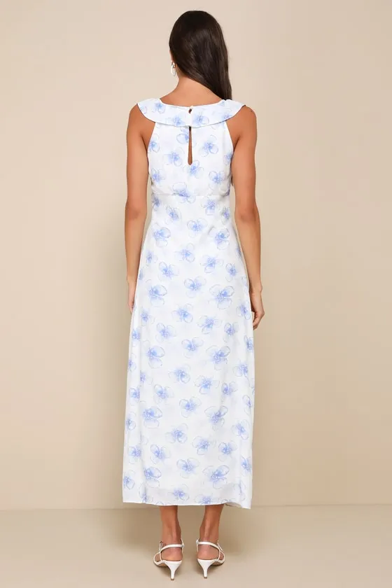 Exceptionally Lovely White and Blue Floral Ruffled Midi Dress sold by Lulus product image thumbnail 3