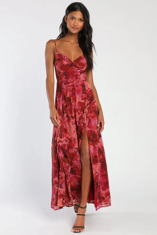 Beautiful Soul Burgundy Floral Print Twist-Front Maxi Dress made by Lulus