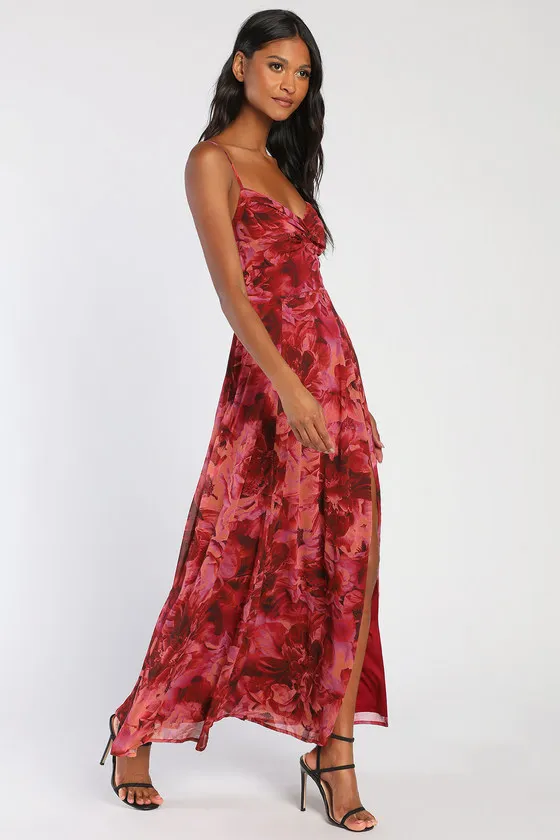 Beautiful Soul Burgundy Floral Print Twist-Front Maxi Dress sold by Lulus product image thumbnail 4