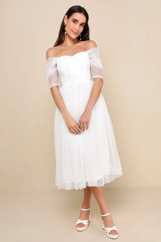 Heavenly Mood White Mesh Swiss Dot Off-the-Shoulder Midi Dress sold by Lulus