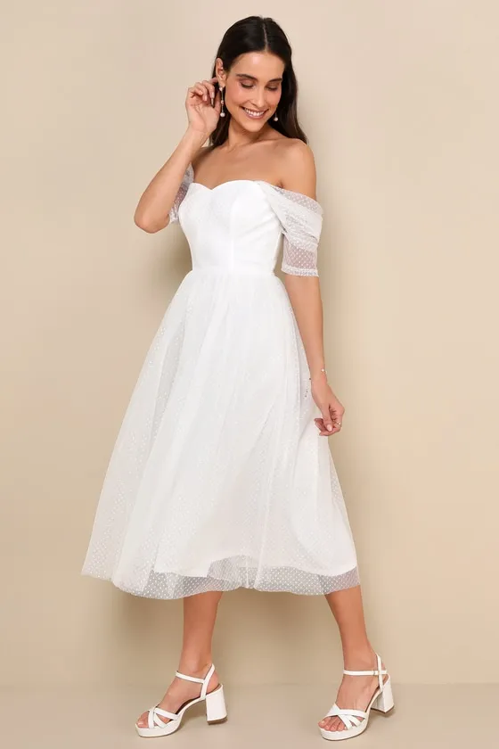 Heavenly Mood White Mesh Swiss Dot Off-the-Shoulder Midi Dress sold by Lulus product image thumbnail 2