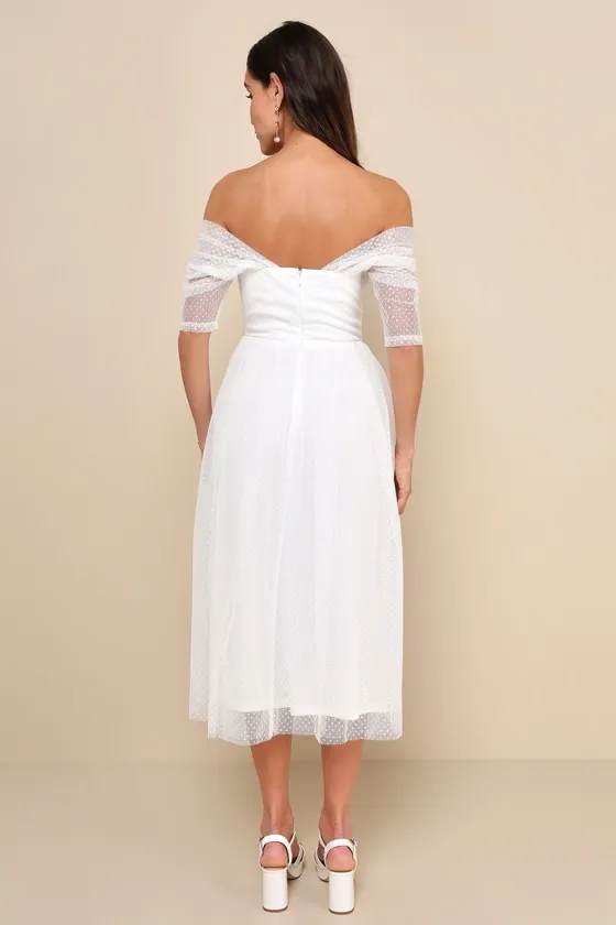 Heavenly Mood White Mesh Swiss Dot Off-the-Shoulder Midi Dress sold by Lulus product image thumbnail 3