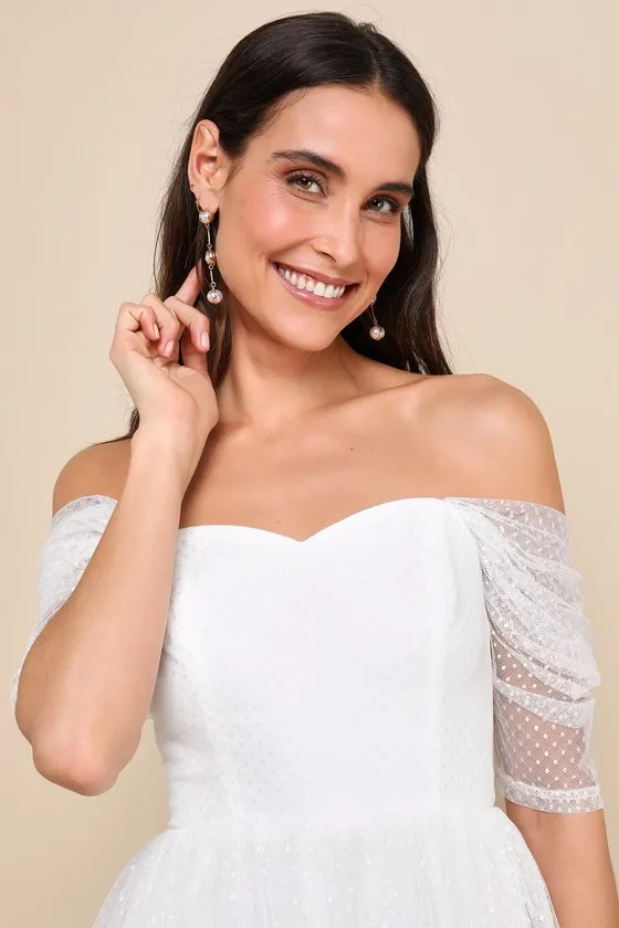 Heavenly Mood White Mesh Swiss Dot Off-the-Shoulder Midi Dress sold by Lulus product image thumbnail 4