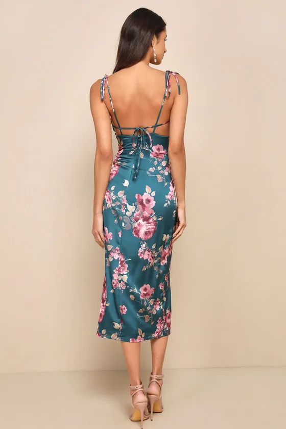 Fleur-ty Behavior Teal Floral Satin Tie-Strap Midi Dress sold by Lulus product image thumbnail 2